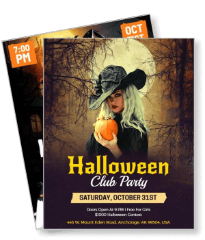 halloween club party with witch holding pumpkin october 31st template