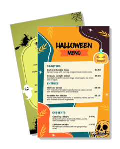 halloween themed restaurant menu design with pumpkin and spooky elements template