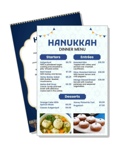 hanukkah dinner menu template with starters entrees and desserts
