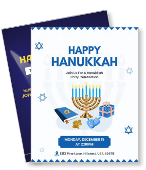 happy hanukkah celebration invitation with menorah and gifts template