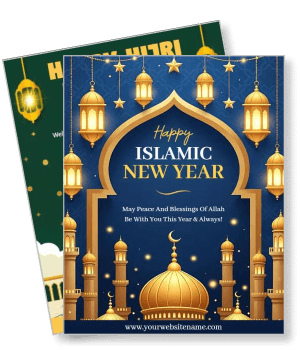 happy islamic new year greeting card with mosque lantern design template