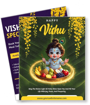 happy vishu greeting card with lord krishna and fruits decoration template