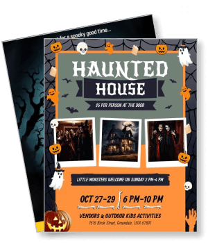 haunted house halloween event flyer with spooky decorations and information template