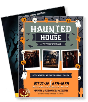 haunted house halloween event with spooky decorations and information template