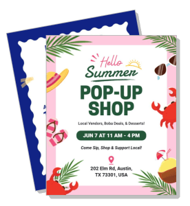 hello summer pop up shop event flyer local vendors boba deals desserts template