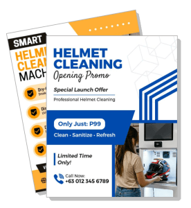 helmet cleaning opening promo flyer with special launch offer and contact info template