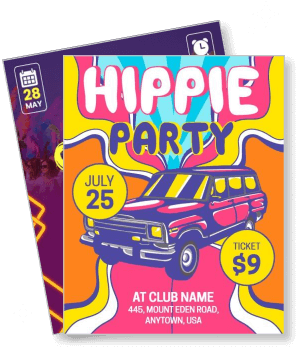 hippie party vintage car design july event promotion colorful graphics template