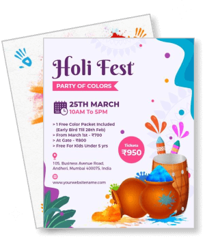 holi fest party of colors invitation with details and ticket price template