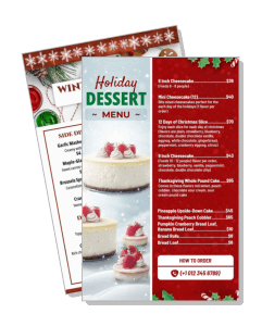 holiday dessert menu with cheesecake design and contact information template