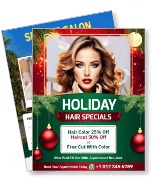 holiday hair specials discount offer with model and promotion details template