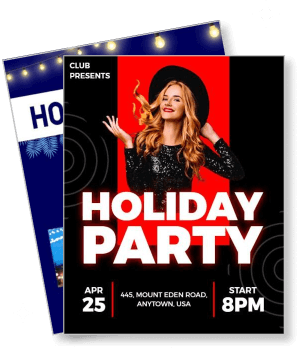 holiday party invitation with woman smiling in black dress and hat template