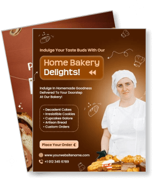 home bakery poster with chef offering cakes cookies and bread for delivery template