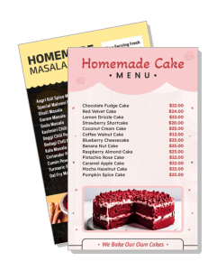 homemade cake menu with prices and red velvet cake photo template