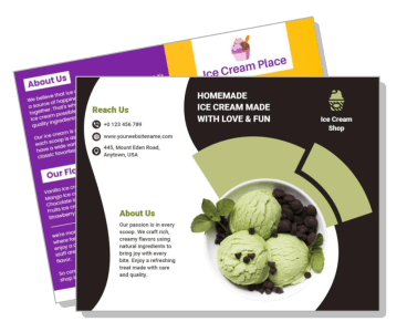 homemade ice cream shop flyer design with contact details and flavor information template