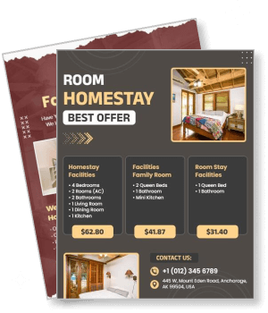 homestay room offer brochure with facilities and contact details template