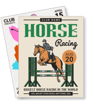 horse racing event with rider jumping fence event date and location details template