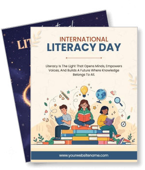 international literacy day with children reading books and educational icons template