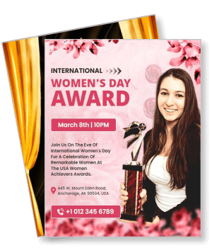 international womens day award invitation card with smiling woman holding trophy template