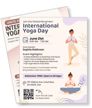 international yoga day event with meditation session details and contact info template