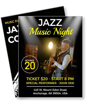 jazz music night event poster with saxophonist date and location details template