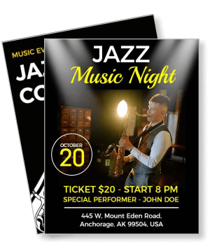 jazz music night event with saxophonist date and location details template