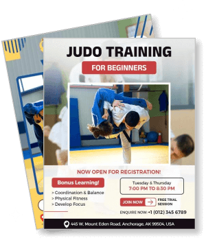 judo training for beginners registration promoting classes schedule contact template