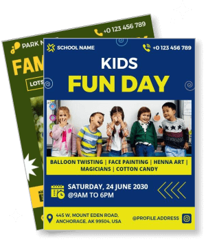 kids fun day event poster with activities and contact information template