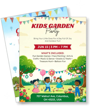 kids garden party invitation colorful fun event details template