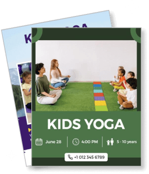 kids yoga class with children meditating on green mat call to action template