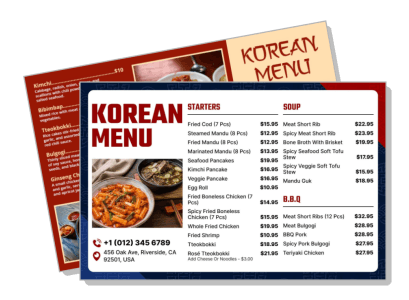 korean restaurant menu design with dishes and prices template