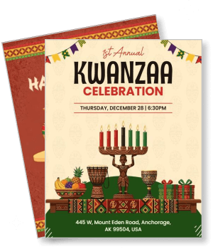kwanzaa celebration event invitation card with kinara and gifts template