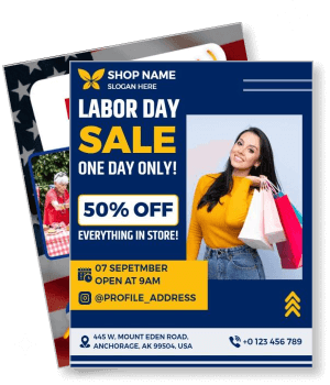 labor day sale promotion flyer with shopping woman and 50 percent off details template