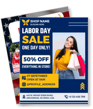 labor day sale promotion with shopping woman and 50 percent off details template