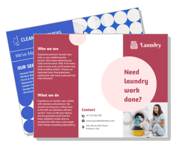 laundry service brochure design with contact and woman with clothes basket template