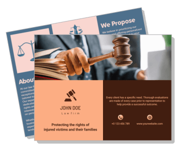 law firm brochure design with gavel and contact information template