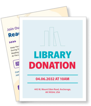 library donation event date location details design template