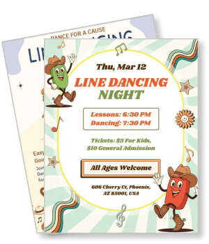 line dancing night event flyer design with date venue and ticket prices template
