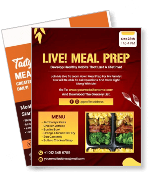 live meal prep event with menu and contact details template