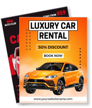 luxury car rental advertisement orange suv 50 percent discount offer template