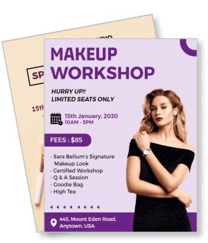 makeup workshop advertisement with event details and woman in black dress template