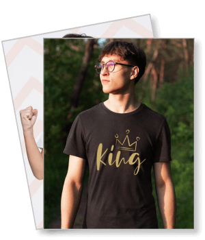 man wearing black king tshirt outdoors template