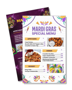 mardi gras special menu colorful appetizers dinner dessert layout template