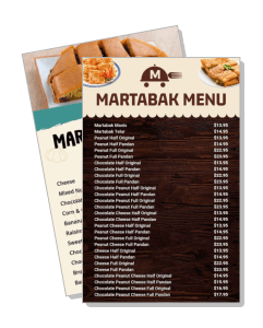 martabak dish menu listing with prices dark wooden background template