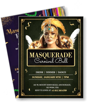 masquerade carnival ball invitation party flyer with feather mask details template