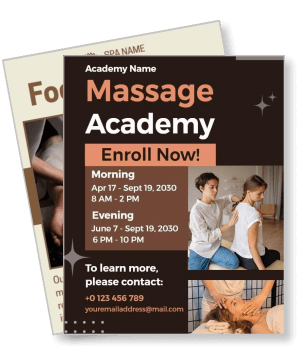 massage academy enrollment flyer with contact information and class schedule template