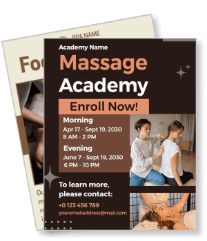 massage academy enrollment with contact information and class schedule template