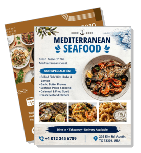 mediterranean seafood flyer advertisement dine in takeaway delivery available template