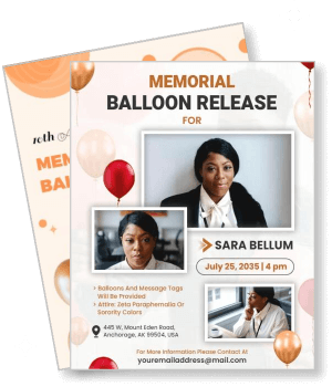 memorial balloon release event flyer with person portraits template