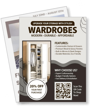 modern durable affordable wardrobes advertisement with qr code and discount offer template
