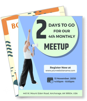 monthly meetup announcement with woman holding megaphone and event details template